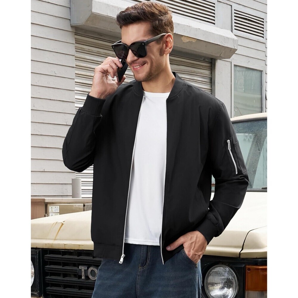 Men's XXL Bomber Jacket Black Casual Windbreaker Zip Up Spring Coat NWT